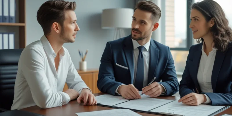 Um casal sentado em um escritório, discutindo com um advogado sobre um contrato de união estável em uma mesa. A imagem transmite a ideia de planejamento e segurança jurídica no relacionamento.
