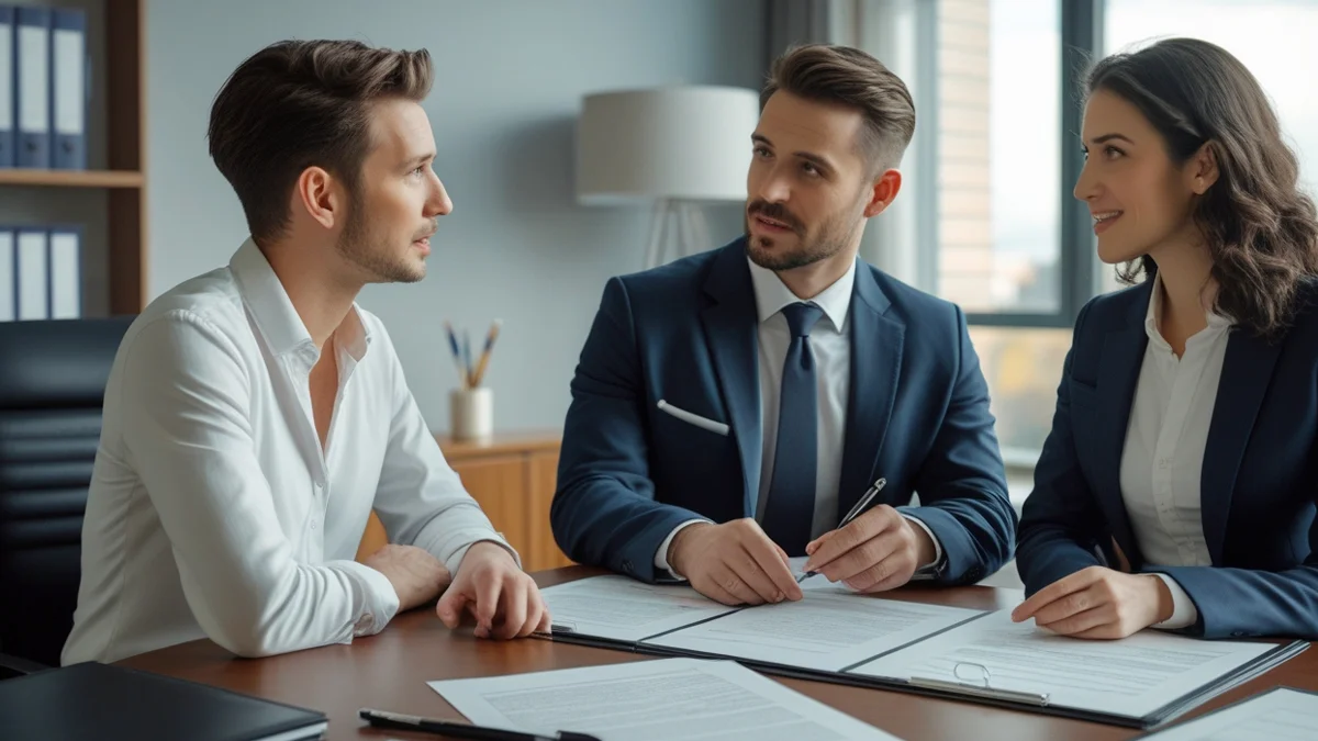 Um casal sentado em um escritório, discutindo com um advogado sobre um contrato de união estável em uma mesa. A imagem transmite a ideia de planejamento e segurança jurídica no relacionamento.