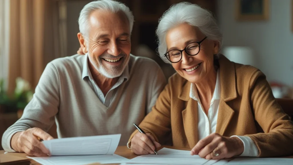 Um casal de idosos sorrindo enquanto revisa documentos em uma mesa, simbolizando a tranquilidade de um planejamento de aposentadoria bem-sucedido.