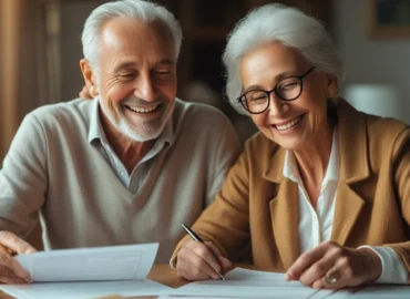 Um casal de idosos sorrindo enquanto revisa documentos em uma mesa, simbolizando a tranquilidade de um planejamento de aposentadoria bem-sucedido.