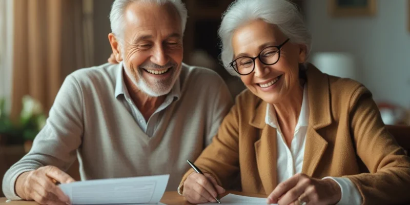 Um casal de idosos sorrindo enquanto revisa documentos em uma mesa, simbolizando a tranquilidade de um planejamento de aposentadoria bem-sucedido.