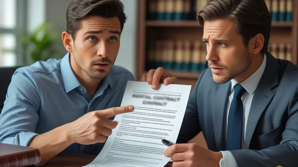 Advogado especialista em direito imobiliário mostrando um documento de contrato para um cliente, com uma chave de imóvel sobre a mesa, ilustrando a segurança jurídica de um contrato de aluguel escrito em comparação com os riscos da locação verbal.