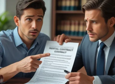 Advogado especialista em direito imobiliário mostrando um documento de contrato para um cliente, com uma chave de imóvel sobre a mesa, ilustrando a segurança jurídica de um contrato de aluguel escrito em comparação com os riscos da locação verbal.