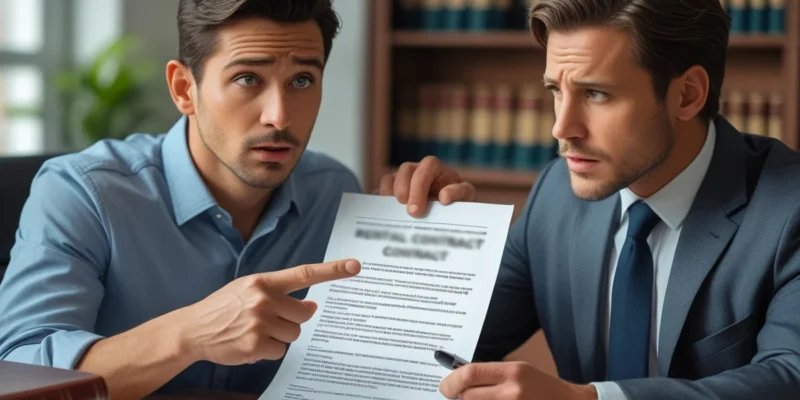 Advogado especialista em direito imobiliário mostrando um documento de contrato para um cliente, com uma chave de imóvel sobre a mesa, ilustrando a segurança jurídica de um contrato de aluguel escrito em comparação com os riscos da locação verbal.