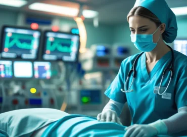 enfermeira focada e equipada prestando atendimento em uma situação de emergência, representando a complexidade e a responsabilidade jurídica da profissão.