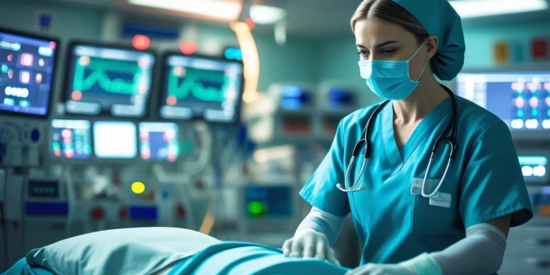 enfermeira focada e equipada prestando atendimento em uma situação de emergência, representando a complexidade e a responsabilidade jurídica da profissão.