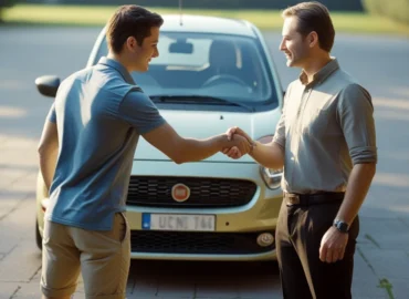 Um homem com expressão preocupada analisa a documentação de um carro usado, simbolizando a importância da verificação para evitar cair em um golpe de compra e venda de veículo.