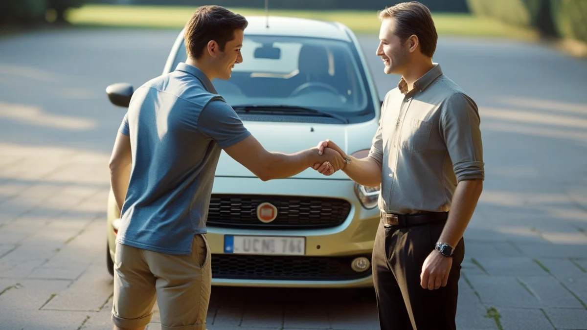 Um homem com expressão preocupada analisa a documentação de um carro usado, simbolizando a importância da verificação para evitar cair em um golpe de compra e venda de veículo.