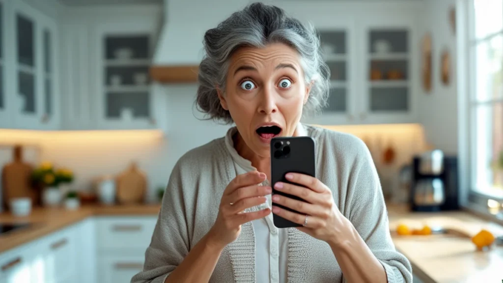 Uma senhora idosa segura um telefone com uma expressão de dúvida e preocupação, representando um aposentado recebendo uma ligação sobre valores a receber do INSS e desconfiando de um possível golpe.