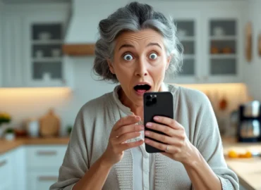 Uma senhora idosa segura um telefone com uma expressão de dúvida e preocupação, representando um aposentado recebendo uma ligação sobre valores a receber do INSS e desconfiando de um possível golpe.