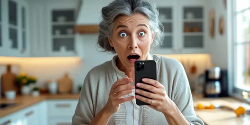 Uma senhora idosa segura um telefone com uma expressão de dúvida e preocupação, representando um aposentado recebendo uma ligação sobre valores a receber do INSS e desconfiando de um possível golpe.