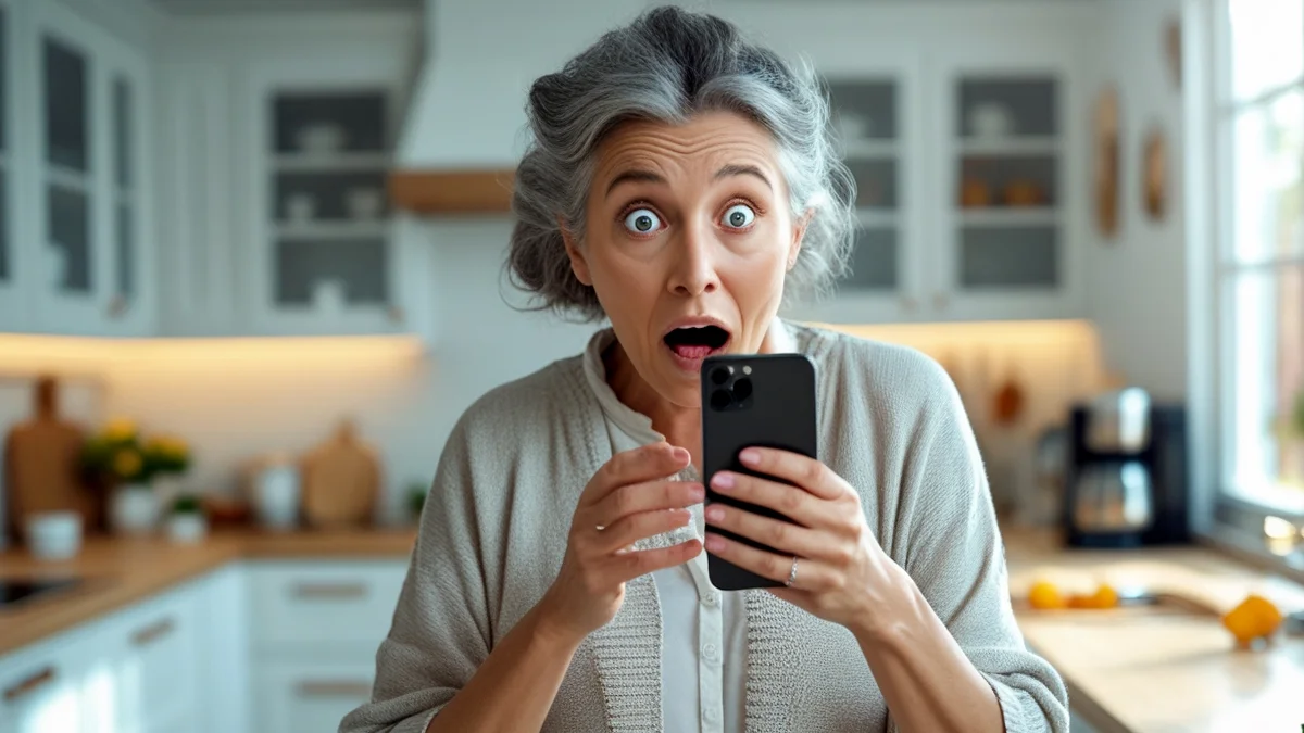 Uma senhora idosa segura um telefone com uma expressão de dúvida e preocupação, representando um aposentado recebendo uma ligação sobre valores a receber do INSS e desconfiando de um possível golpe.
