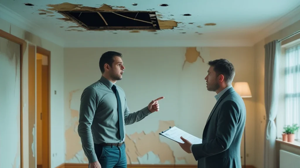 Inquilino em pé em uma sala de estar danificada, apontando para uma mancha de umidade no teto e discutindo sobre reparos com o locador. A imagem sugere uma disputa, reforçando a necessidade de buscar orientação legal.
