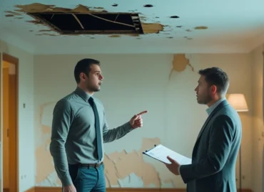 Inquilino em pé em uma sala de estar danificada, apontando para uma mancha de umidade no teto e discutindo sobre reparos com o locador. A imagem sugere uma disputa, reforçando a necessidade de buscar orientação legal.