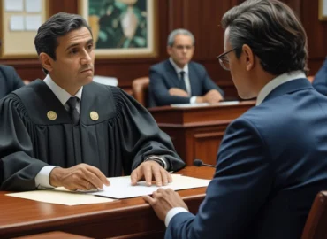Uma cena de audiência na Justiça do Trabalho, com um juiz atento ouvindo o depoimento de uma testemunha, e os advogados das partes presentes.