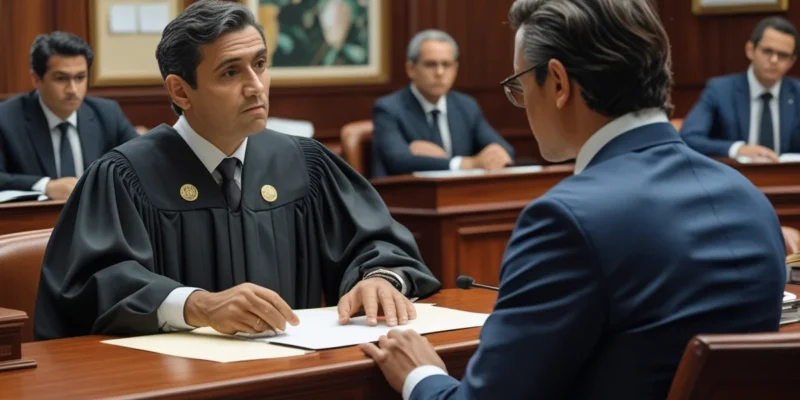 Uma cena de audiência na Justiça do Trabalho, com um juiz atento ouvindo o depoimento de uma testemunha, e os advogados das partes presentes.