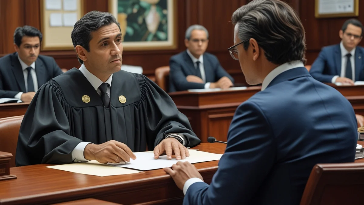 Uma cena de audiência na Justiça do Trabalho, com um juiz atento ouvindo o depoimento de uma testemunha, e os advogados das partes presentes.