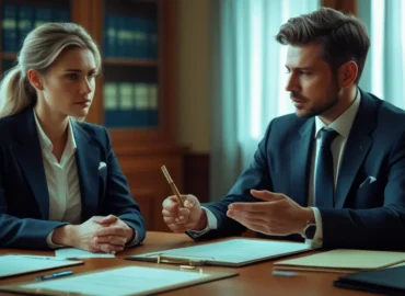 Foto de duas mãos de um casal se cumprimentando sobre documentos em uma mesa de reunião, simbolizando um acordo amigável e a resolução de conflitos no divórcio por meio da mediação ou conciliação. A imagem representa o caminho para um divórcio menos litigioso e mais colaborativo.