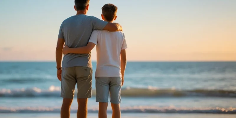 Pai e filho abraçados na praia, simbolizando a dúvida sobre a continuidade da pensão alimentícia após os 18 anos para custear os estudos.