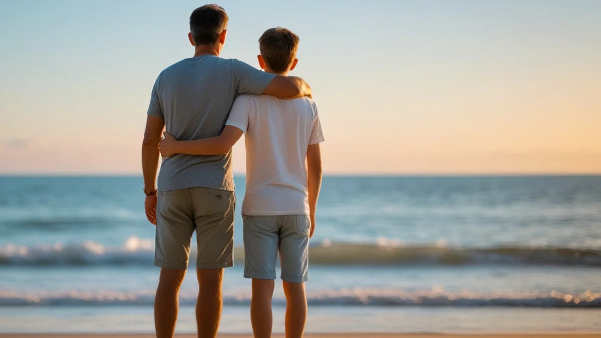 Pai e filho abraçados na praia, simbolizando a dúvida sobre a continuidade da pensão alimentícia após os 18 anos para custear os estudos.