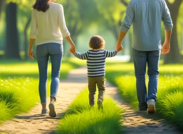 Homem, mulher e filho passeando, , simbolizando a busca por proteção de bens e filhos.