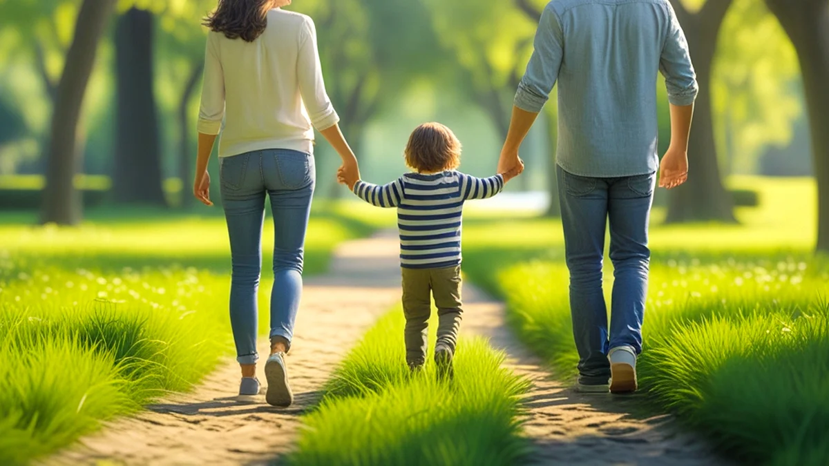 Homem, mulher e filho passeando, , simbolizando a busca por proteção de bens e filhos.