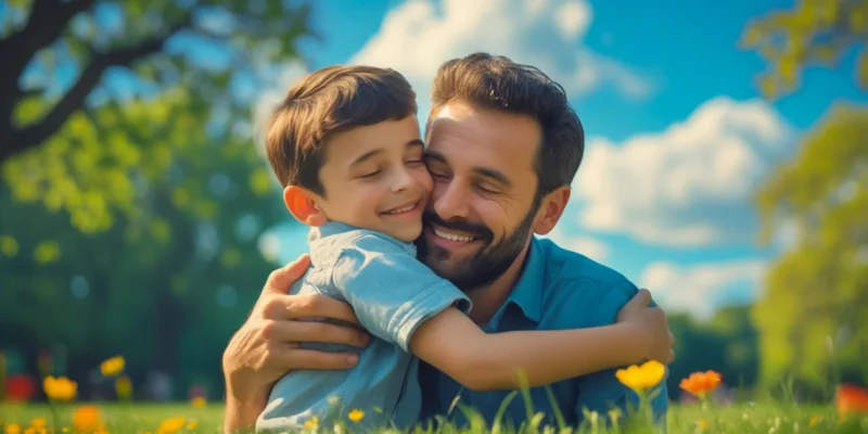 Um pai sorrindo, abraçando carinhosamente seu filho em um parque, simbolizando a importância da figura paterna na vida da criança e a busca pela guarda em casos de abandono materno.