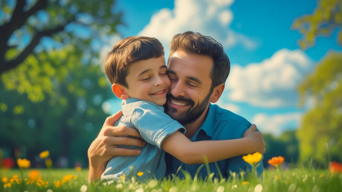 Um pai sorrindo, abraçando carinhosamente seu filho em um parque, simbolizando a importância da figura paterna na vida da criança e a busca pela guarda em casos de abandono materno.
