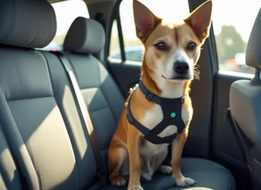 Um cachorro de médio porte, preso por um cinto de segurança veicular para pets no banco de trás de um carro. A imagem representa o transporte seguro de animais de estimação de acordo com as regras de trânsito, ilustrando a forma correta para evitar multas e garantir a segurança, com o fundo desfocado mostrando a estrada.
