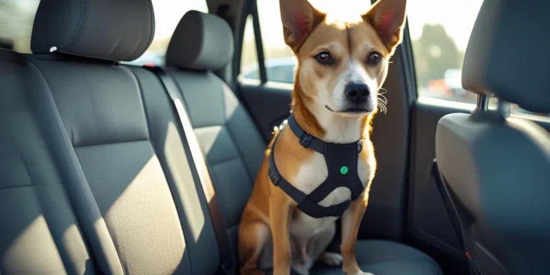 Um cachorro de médio porte, preso por um cinto de segurança veicular para pets no banco de trás de um carro. A imagem representa o transporte seguro de animais de estimação de acordo com as regras de trânsito, ilustrando a forma correta para evitar multas e garantir a segurança, com o fundo desfocado mostrando a estrada.