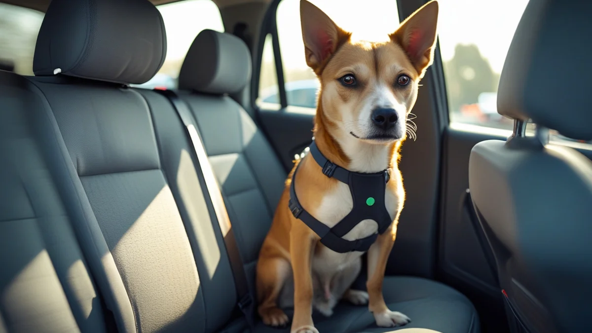 Um cachorro de médio porte, preso por um cinto de segurança veicular para pets no banco de trás de um carro. A imagem representa o transporte seguro de animais de estimação de acordo com as regras de trânsito, ilustrando a forma correta para evitar multas e garantir a segurança, com o fundo desfocado mostrando a estrada.