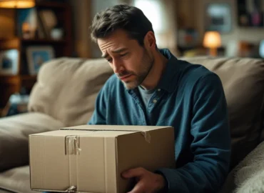 Uma pessoa frustrada olhando para a tela de um celular com um aplicativo de rastreamento de encomenda, ao lado de uma caixa de papelão aberta e vazia, simbolizando o atraso ou extravio da compra online e a responsabilidade do vendedor.