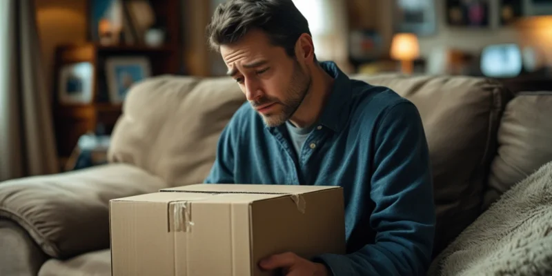 Uma pessoa frustrada olhando para a tela de um celular com um aplicativo de rastreamento de encomenda, ao lado de uma caixa de papelão aberta e vazia, simbolizando o atraso ou extravio da compra online e a responsabilidade do vendedor.