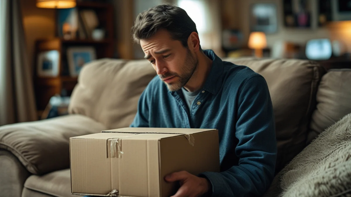 Uma pessoa frustrada olhando para a tela de um celular com um aplicativo de rastreamento de encomenda, ao lado de uma caixa de papelão aberta e vazia, simbolizando o atraso ou extravio da compra online e a responsabilidade do vendedor.