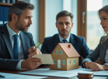 Advogado especialista em direito imobiliário revisando um contrato de compra e venda de imóvel, com foco na análise de cláusulas sobre dívidas de IPTU e condomínio.