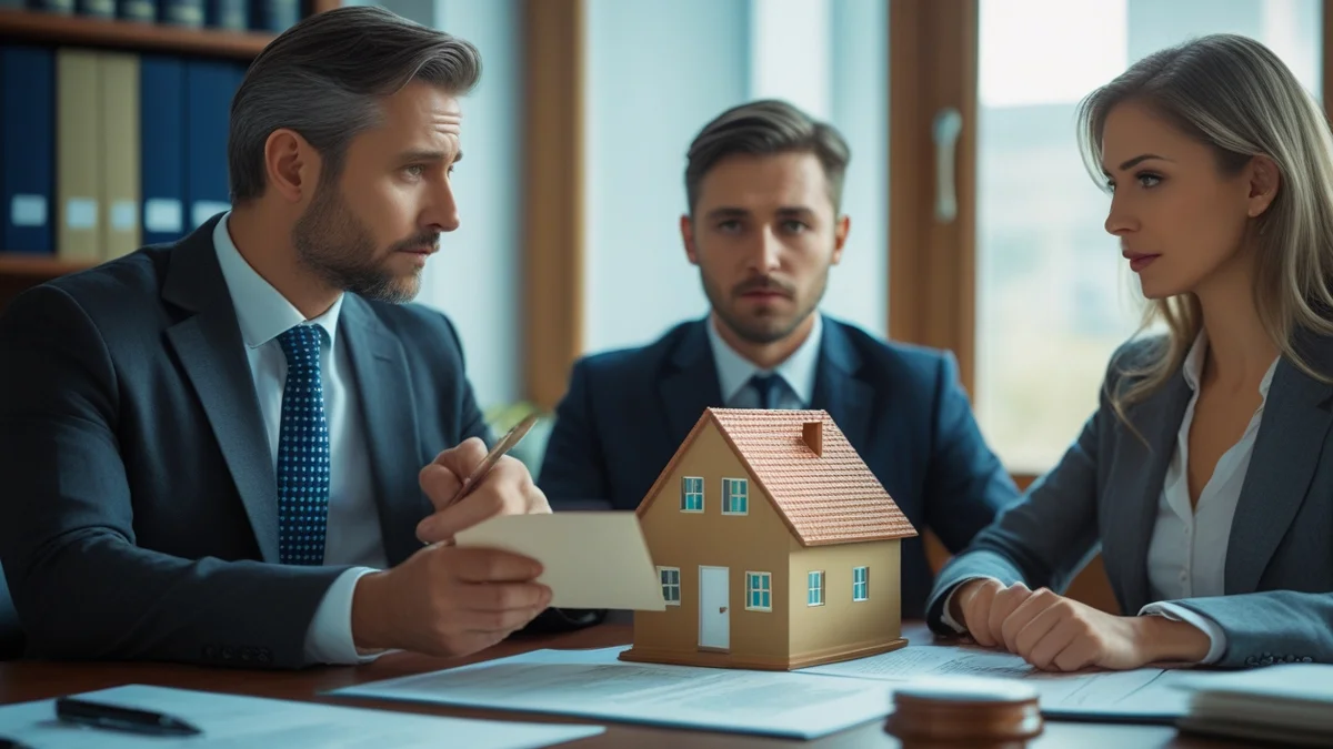 Advogado especialista em direito imobiliário revisando um contrato de compra e venda de imóvel, com foco na análise de cláusulas sobre dívidas de IPTU e condomínio.