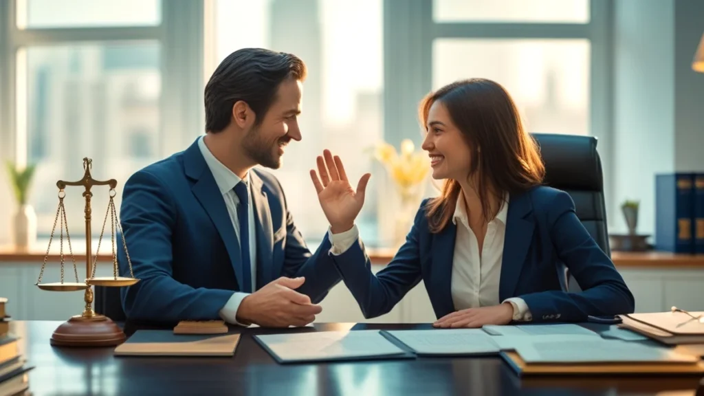 Advogado em um escritório, gesticulando de forma acolhedora para um cliente, com elementos visuais que remetem à justiça e ao ambiente de trabalho, simbolizando a proteção legal contra o assédio moral.
