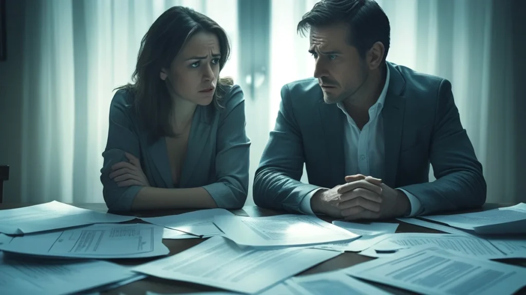 Um casal sentado em uma mesa, com uma expressão séria, olhando para diversos papéis e documentos, simbolizando a complexa discussão sobre a divisão de bens não registrados durante um processo de separação.