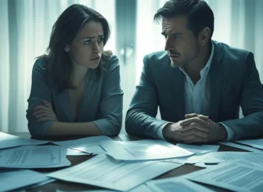Um casal sentado em uma mesa, com uma expressão séria, olhando para diversos papéis e documentos, simbolizando a complexa discussão sobre a divisão de bens não registrados durante um processo de separação.