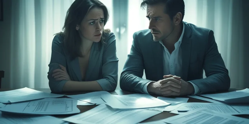 Um casal sentado em uma mesa, com uma expressão séria, olhando para diversos papéis e documentos, simbolizando a complexa discussão sobre a divisão de bens não registrados durante um processo de separação.