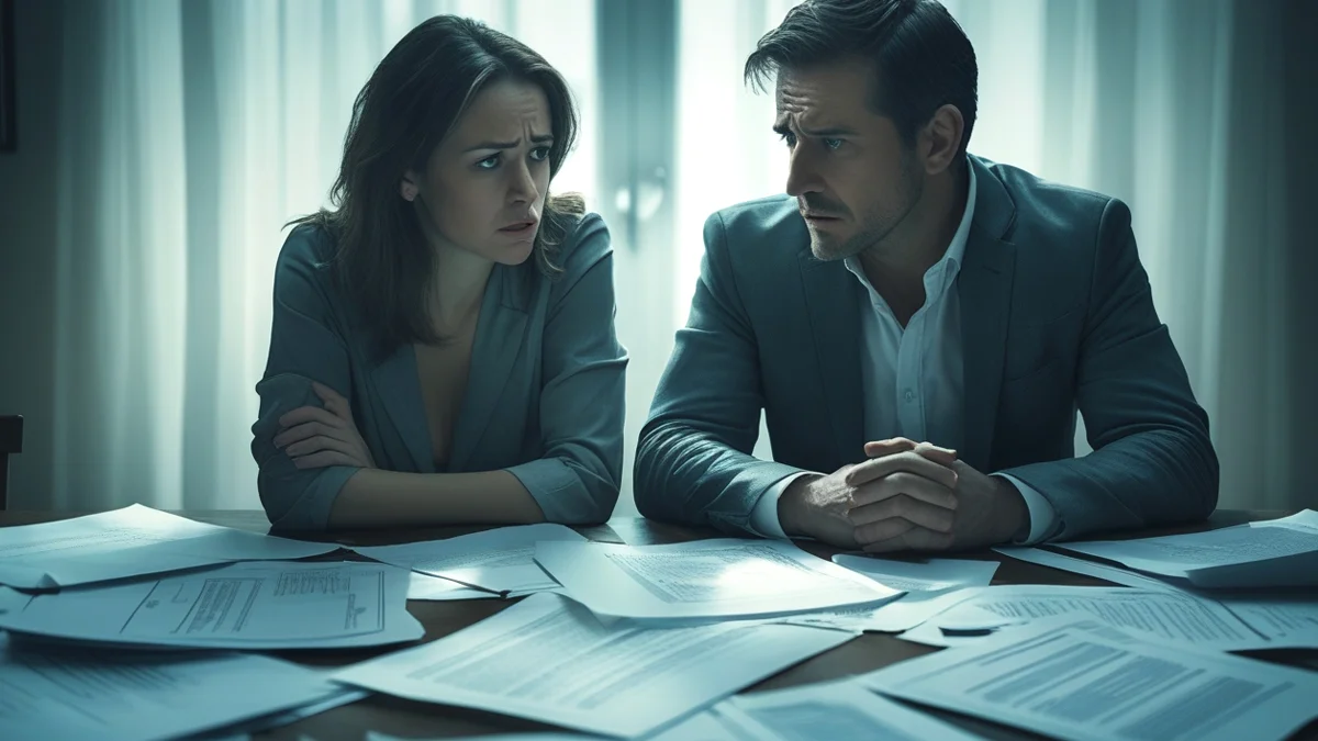 Um casal sentado em uma mesa, com uma expressão séria, olhando para diversos papéis e documentos, simbolizando a complexa discussão sobre a divisão de bens não registrados durante um processo de separação.