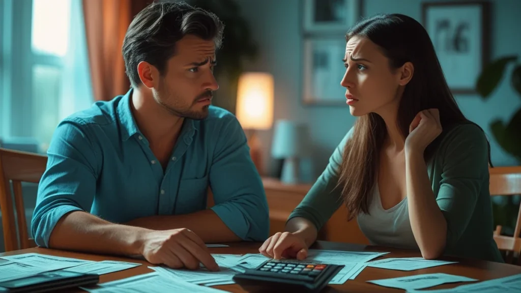 Casal sentado à mesa com calculadora e papéis, com expressão séria, discutindo a divisão de dívidas conjuntas no processo de divórcio.