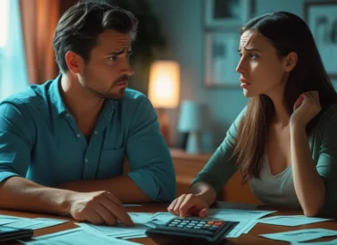 Casal sentado à mesa com calculadora e papéis, com expressão séria, discutindo a divisão de dívidas conjuntas no processo de divórcio.