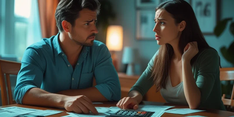 Casal sentado à mesa com calculadora e papéis, com expressão séria, discutindo a divisão de dívidas conjuntas no processo de divórcio.