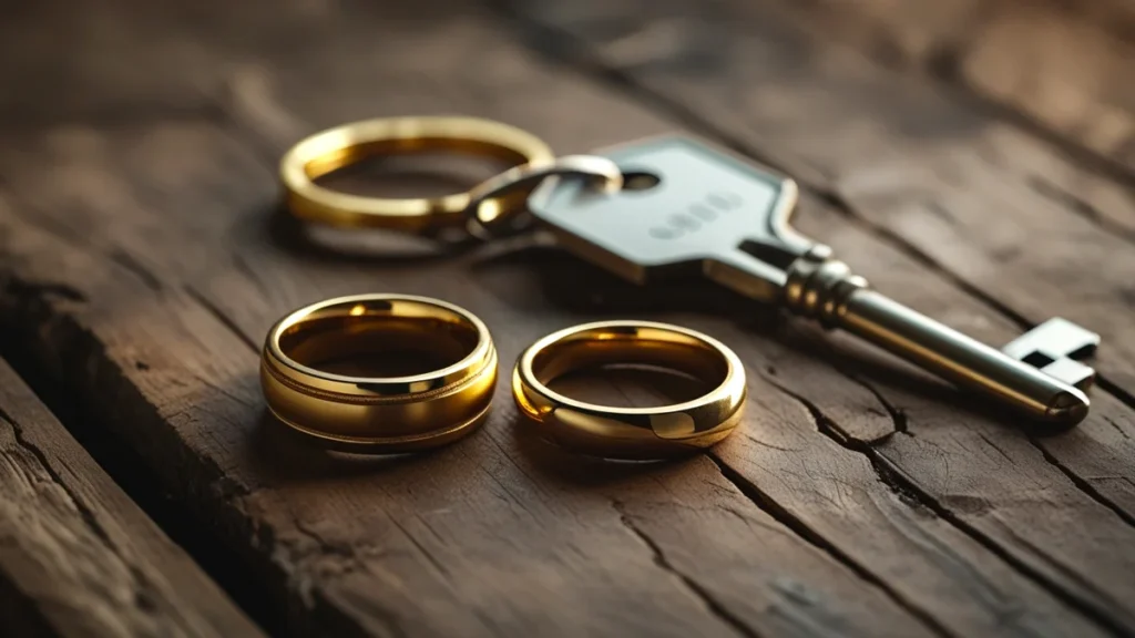 Duas alianças e uma chave de casa sobre uma mesa de madeira, representando o conceito de separação de fato e as decisões sobre guarda e pensão antes do divórcio.