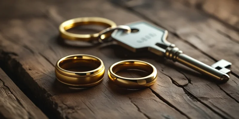 Duas alianças e uma chave de casa sobre uma mesa de madeira, representando o conceito de separação de fato e as decisões sobre guarda e pensão antes do divórcio.