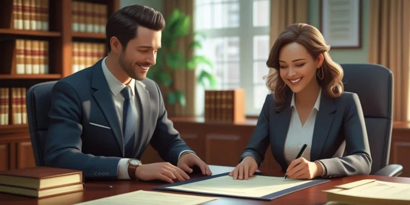 Casal dialogando em uma mesa com documentos, representando a busca por um divórcio amigável e evitando um processo longo e caro, com a presença sutil de um advogado ao fundo.