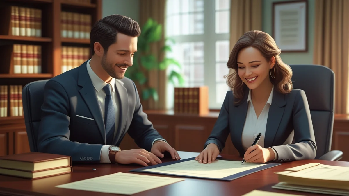 Casal dialogando em uma mesa com documentos, representando a busca por um divórcio amigável e evitando um processo longo e caro, com a presença sutil de um advogado ao fundo.