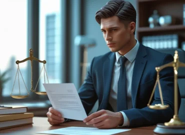Imagem ilustrando um funcionário recebendo uma carta de demissão, com símbolos de balança da justiça e documentos ao fundo, representando a estabilidade no emprego e os casos em que um funcionário estável pode ser demitido.
