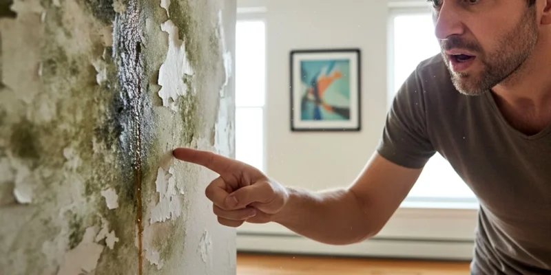 Inquilino com expressão de frustração mostrando uma parede com infiltração em um apartamento, contrastando com a expectativa de um imóvel em perfeitas condições